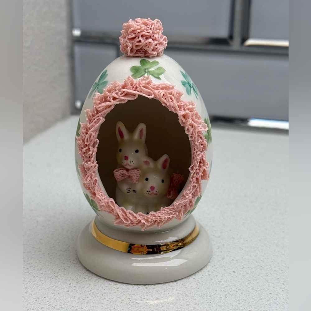 Vintage Irish Dresden Porcelain Pink Lace Easter Egg Bunny Bunnies Rabbits - Picture 2 of 10